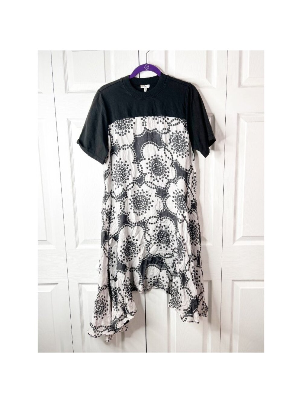 Clu Black White Floral Contrast Asymmetric Panels Dress Women's Size Small S
